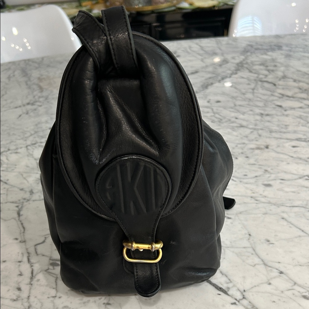 Anne Klein Black Leather Backpack with Gold Accent